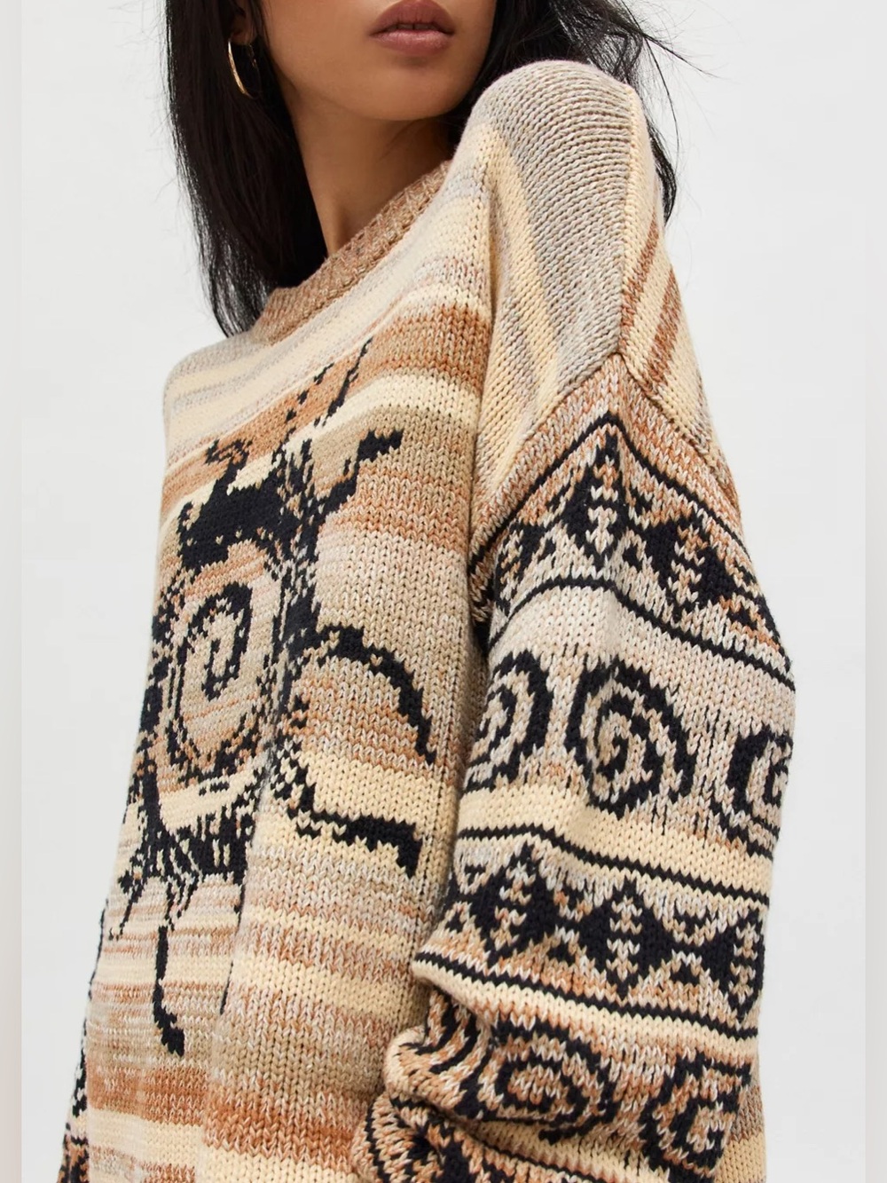 BDG Sully Swirl Pullover Crewneck Sweater S Boho Sun Striped Neutral Distressed